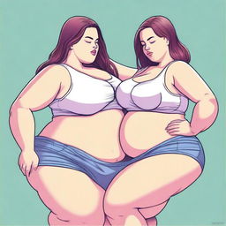 A detailed digital art image presents two girls; one slender girl is shown feeding a much larger girl, who is the epitome of a USSBBW