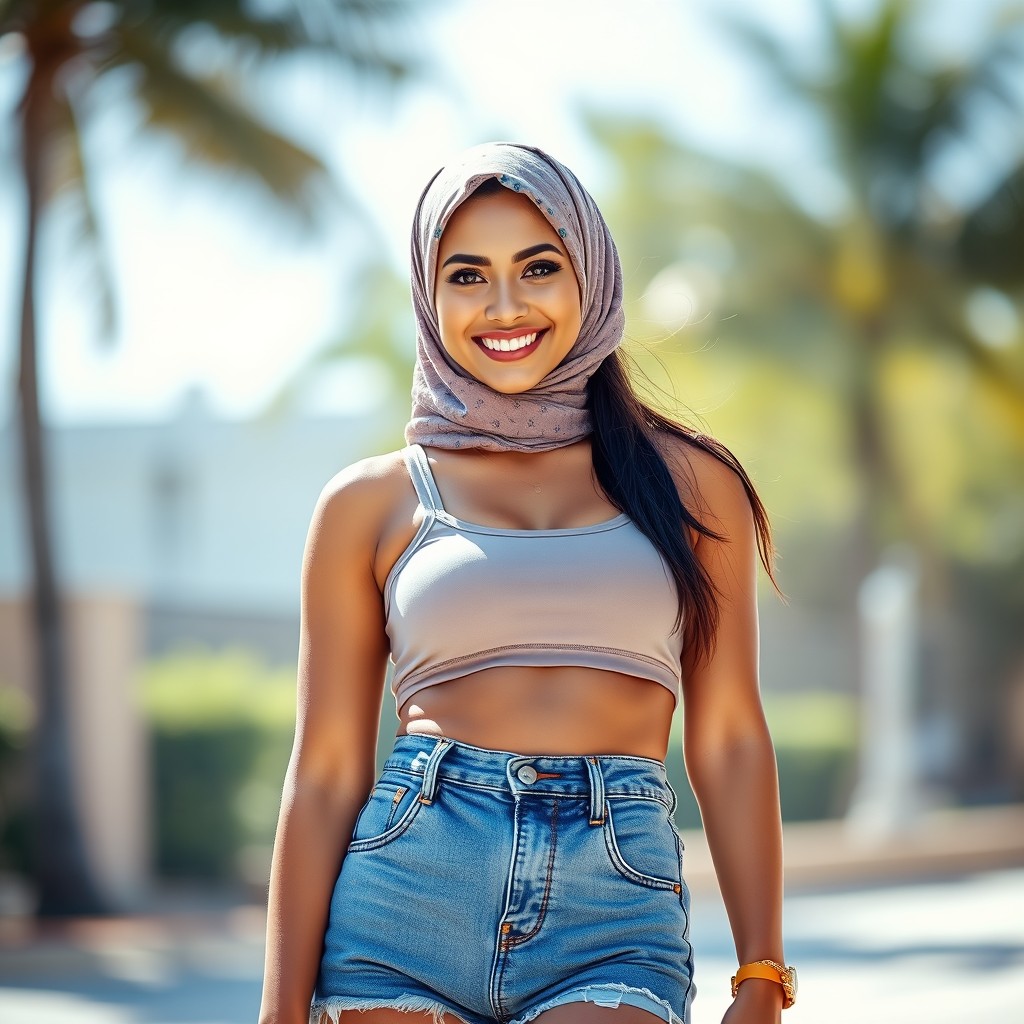 A stunning portrayal of a beautiful Latina woman dressed in short jean shorts and a tight-fitting tank top, complemented by a stylish hijab on her head