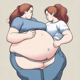 A detailed digital art image presents two girls; one slender girl is shown feeding a much larger girl, who is the epitome of a USSBBW