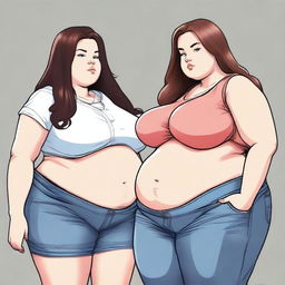 A detailed digital art image presents two girls; one slender girl is shown feeding a much larger girl, who is the epitome of a USSBBW