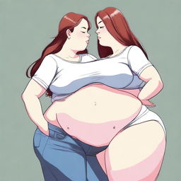 A detailed digital art image presents two girls; one slender girl is shown feeding a much larger girl, who is the epitome of a USSBBW