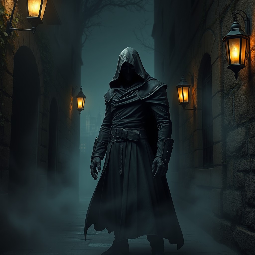 A mysterious character known as the 'Thug of the Whispers', dressed in dark, shadowy clothing, with a hood obscuring their face