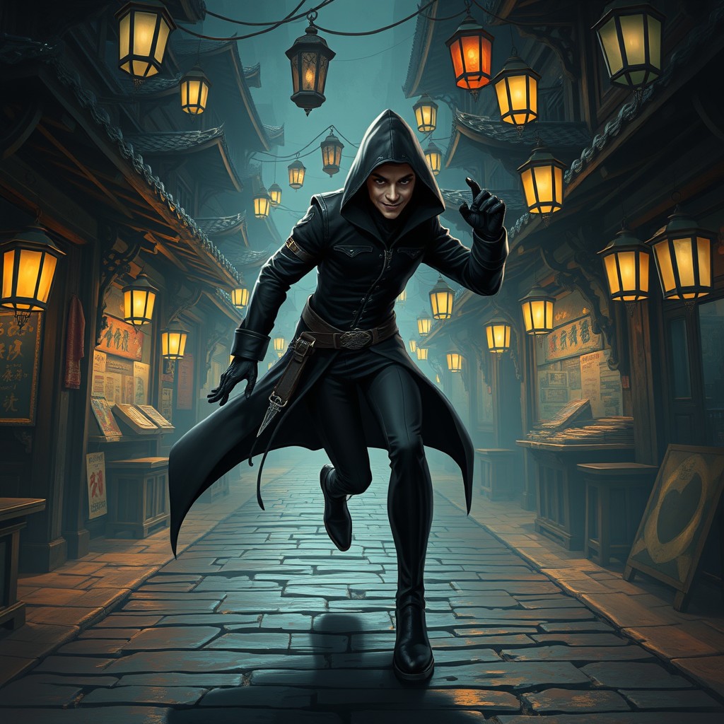 A stealthy figure known as the 'Whisper Thief', clad in a sleek, dark outfit that blends into the shadows