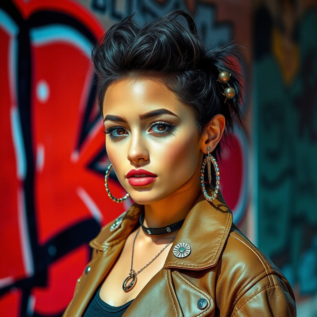 A stylish and artistic portrait of a young woman exuding confidence and charm