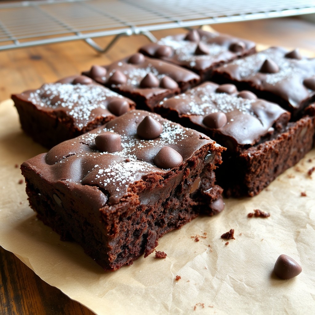 A decadent chocolate brownie, freshly baked, with a glossy, crackly top and rich, fudgy interior