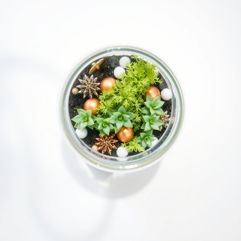 A beautifully lit miniature garden in a glass terrarium, shot from a captivating 45° top-down angle, showcasing delicate plants in soft green (#5BBE8D) along with metallic gold (#D4AF37) decorative elements