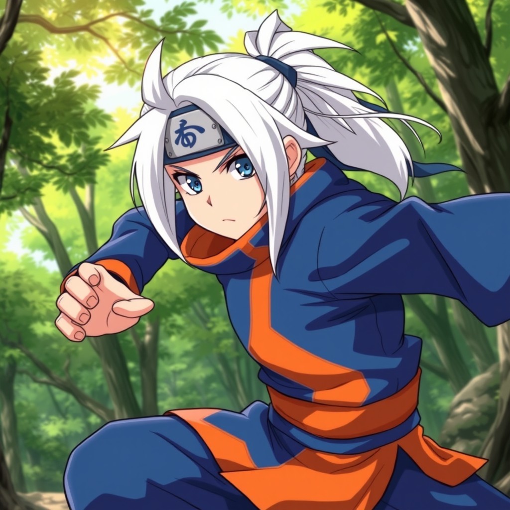 A dynamic and vibrant illustration of a character inspired by anime, featuring a young ninja with white hair styled in a ponytail