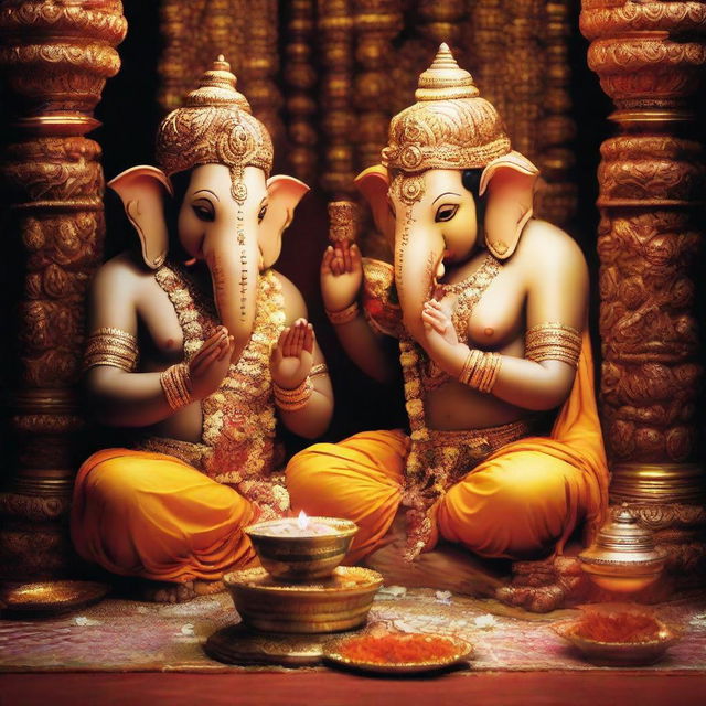 A devoted couple humbly praying to the Hindu deity, Lord Ganesha. The god's revered image is prominently featured as the couple kneels in focused prayer, surrounded by a serene and spiritual atmosphere.