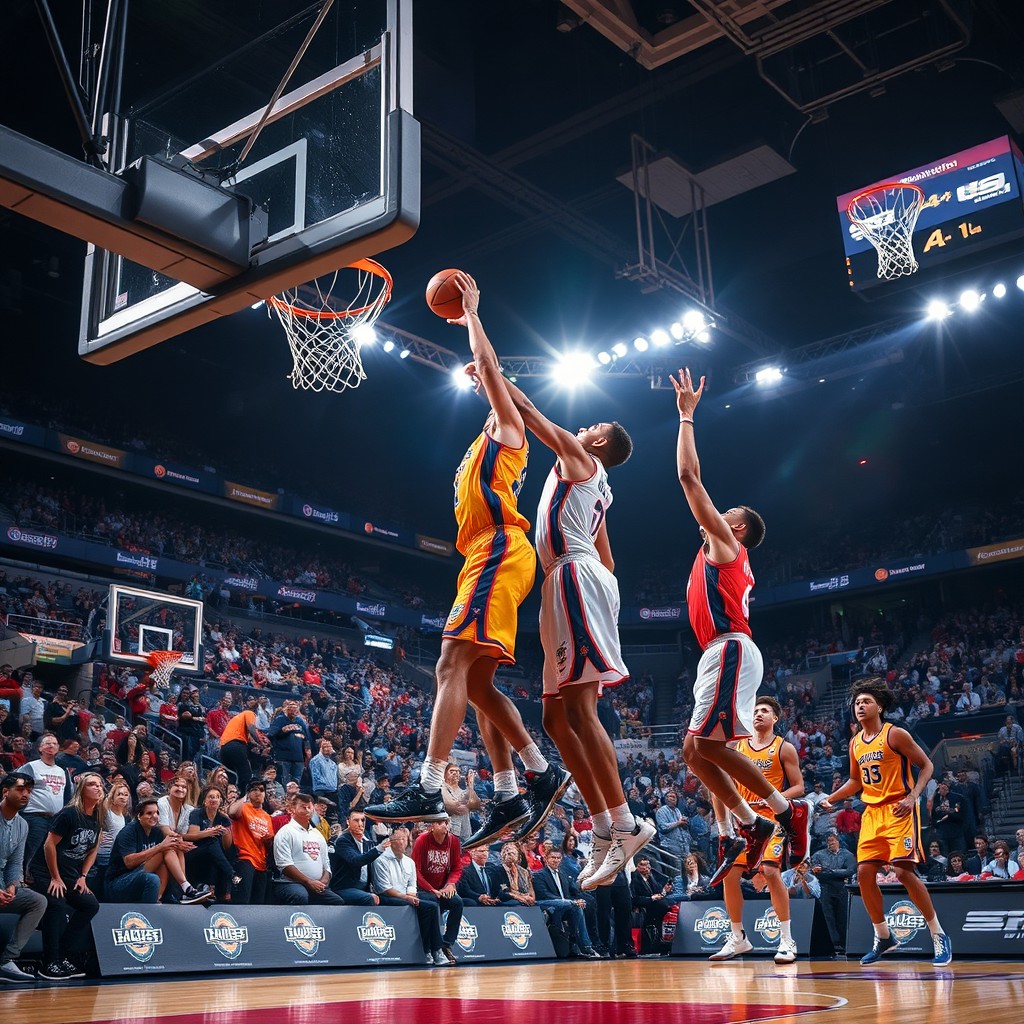 A dynamic scene capturing the excitement of a basketball game in an arena, with players in colorful jerseys jumping to slam dunk the ball into the hoop, the crowd in the background cheering with energy, bright stadium lights illuminating the action, and a basketball court featuring lines and logos visible