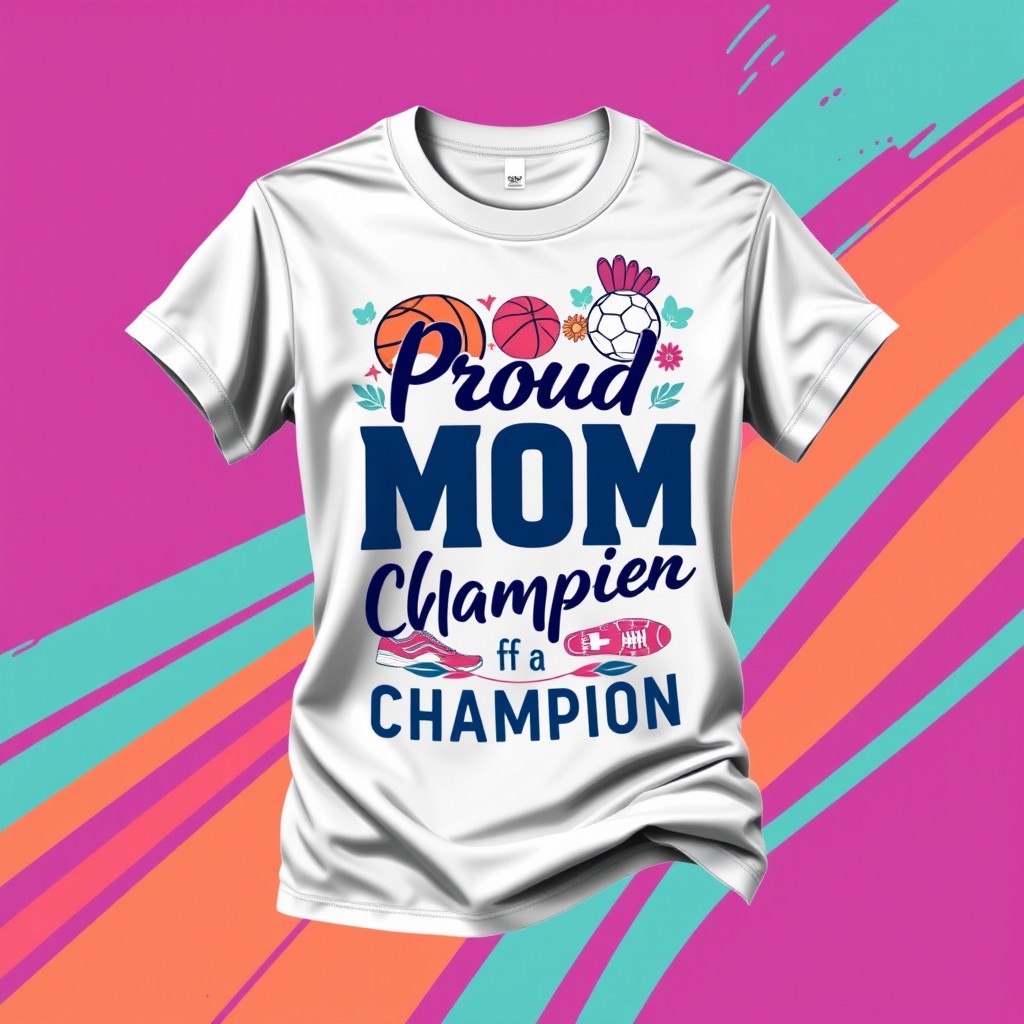 A stylish and vibrant athlete mom t-shirt design showcasing an empowering message, such as 'Proud Mom of a Champion', with an artistic representation of sports elements like a basketball, soccer ball, or running shoes