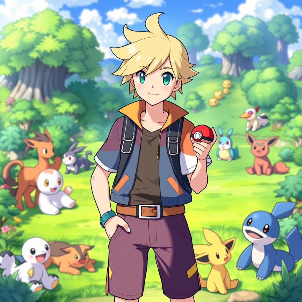 A new Pokémon trainer with short blonde hair, wearing a stylish and colorful trainer outfit
