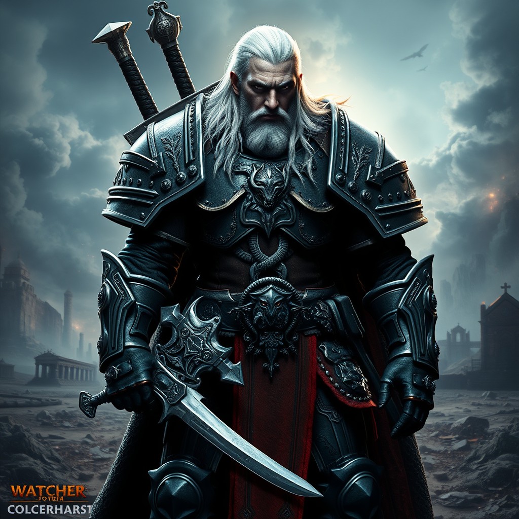 A stunning representation of Geralt of Rivia, portrayed as an Astartes Space Marine