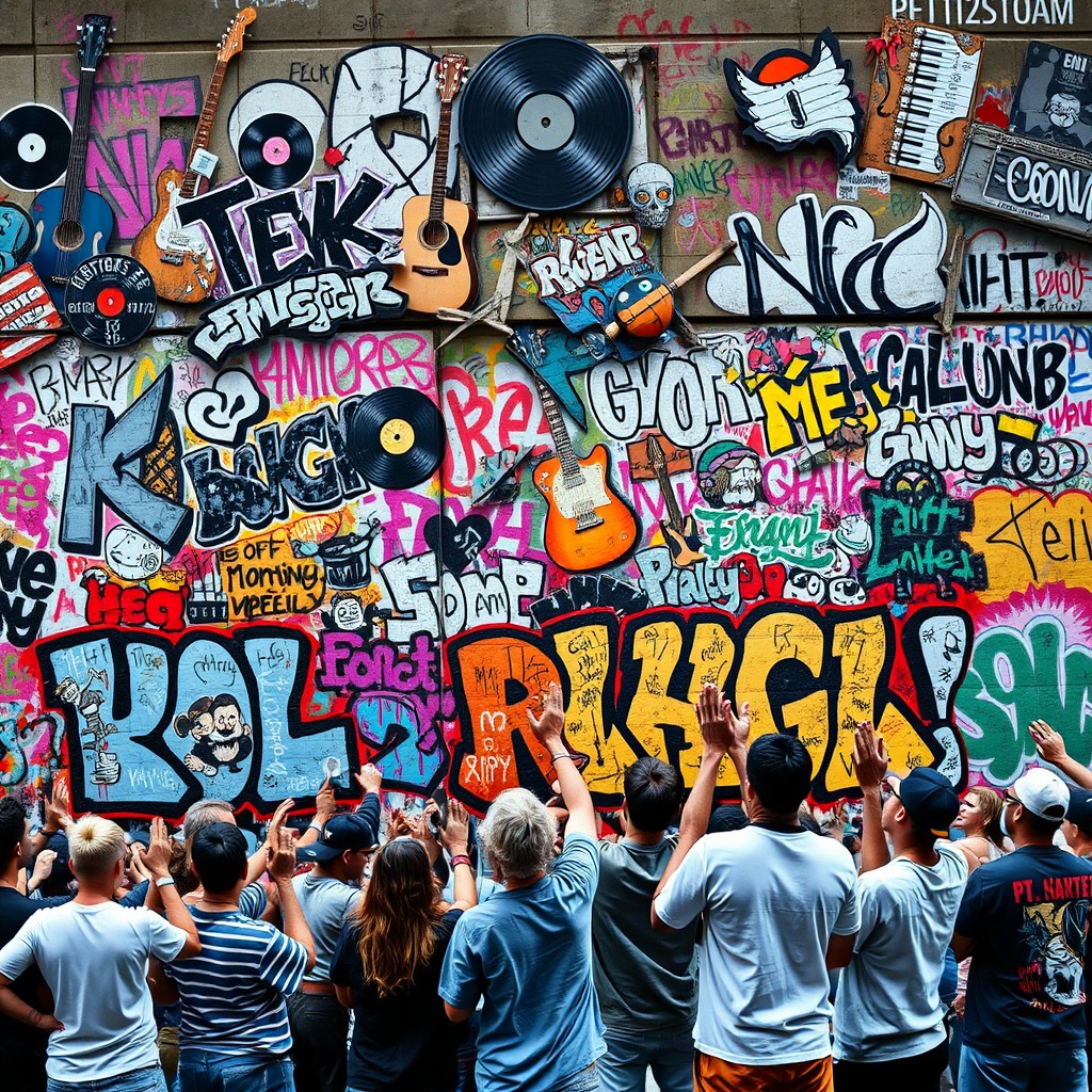 A vivid representation of a visually striking scene reflecting a vandalized cultural landscape, symbolizing the self-destructive aspects of the music industry