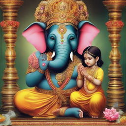 A young boy and girl, placed together in reverence, praying to Lord Ganesha. The elephant-headed deity is vibrant and elaborate, observing their innocent devotion in a peaceful, spiritual atmosphere.