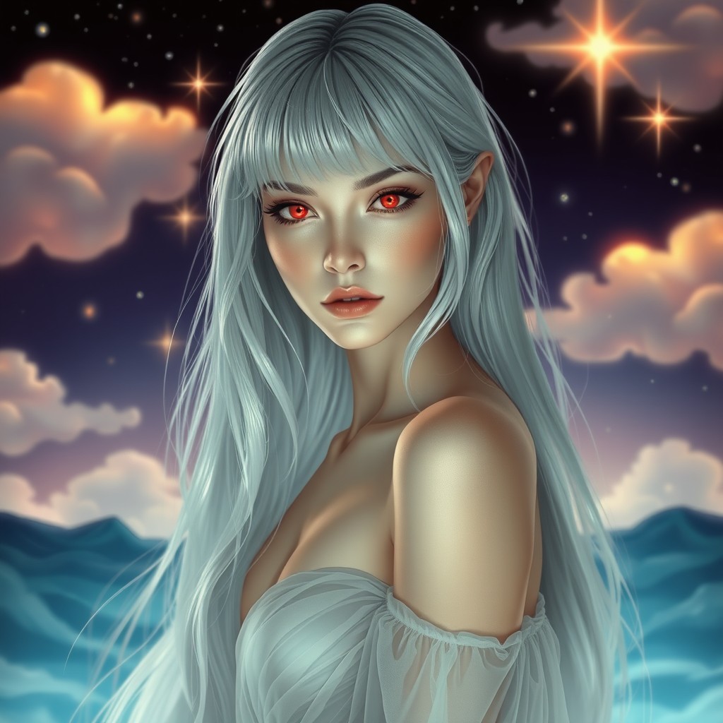 A stunning silver-haired beauty with striking red eyes, showcasing an elegant and mysterious aura