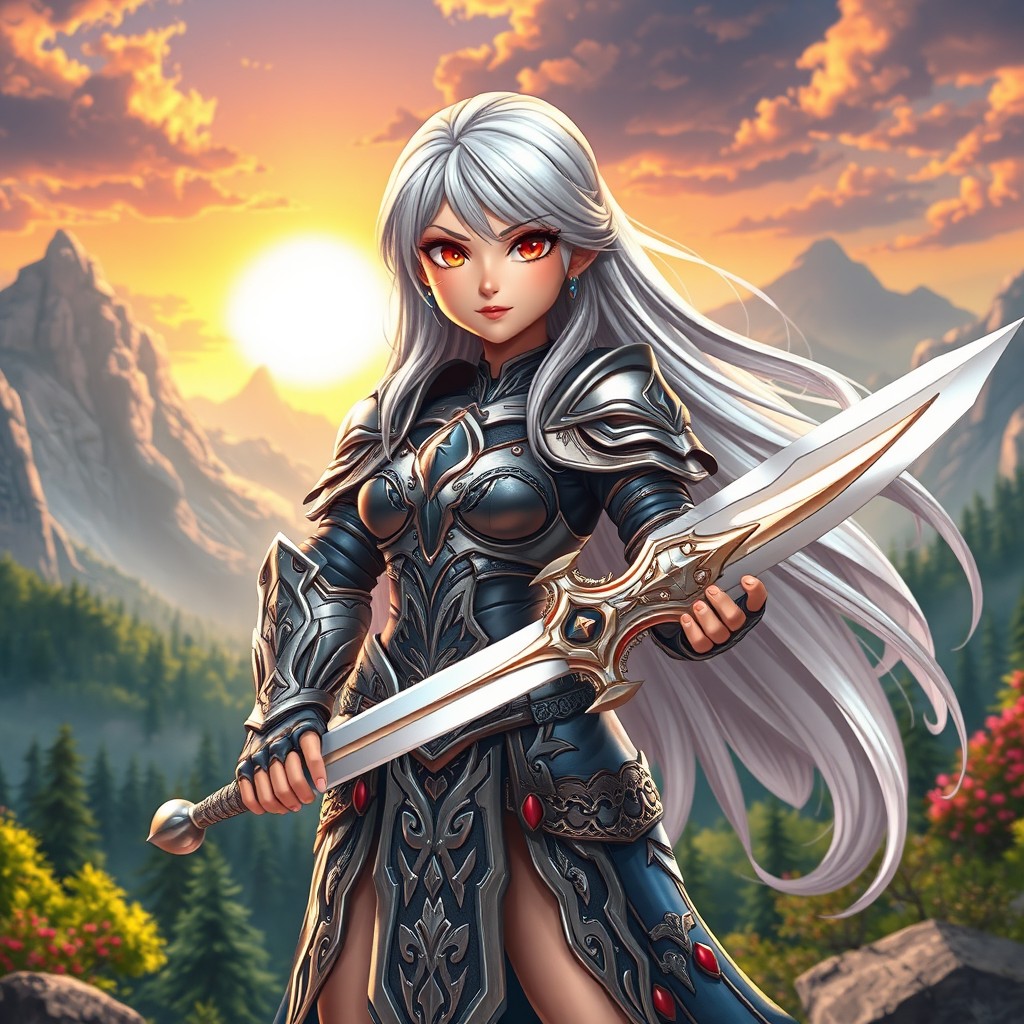 An animated fantasy scene featuring a powerful silver-haired warrior princess
