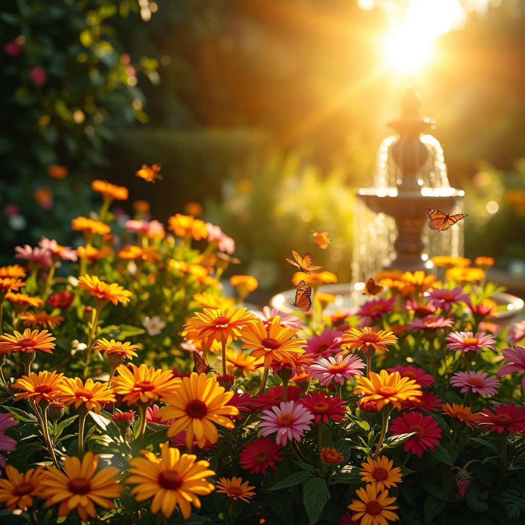 A beautifully crafted garden scene filled with vibrant flowers in full bloom, surrounded by lush greenery