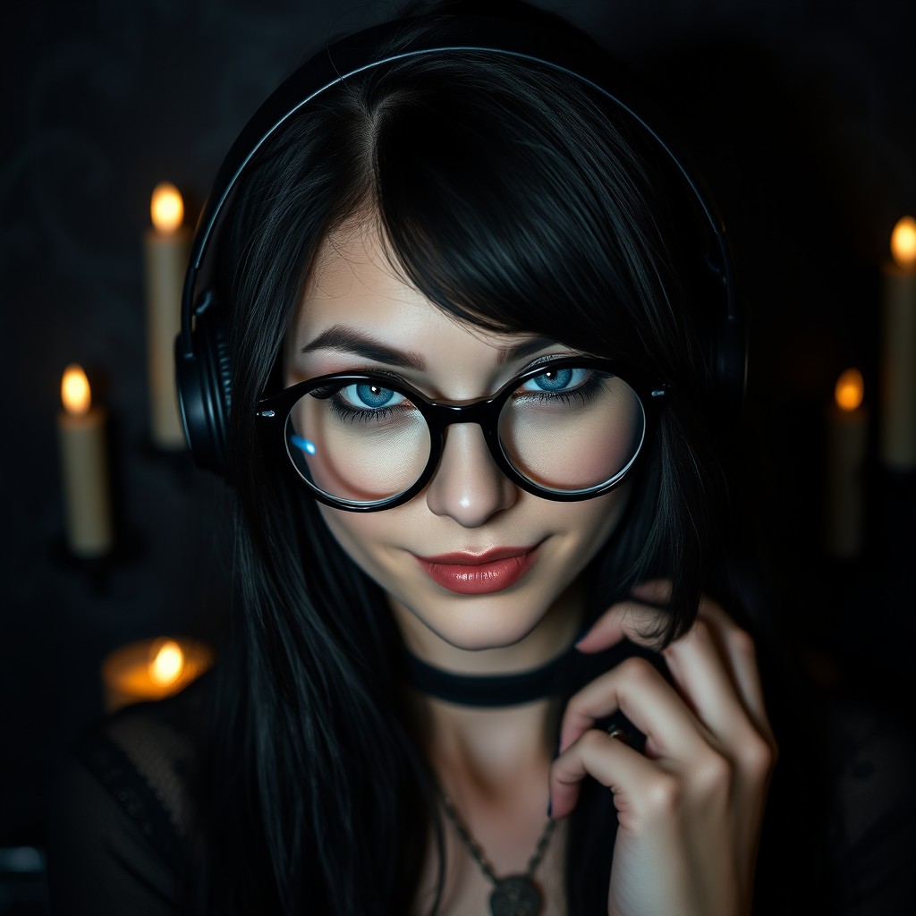 A goth woman with long black hair and bright blue eyes, wearing round black glasses and large headphones