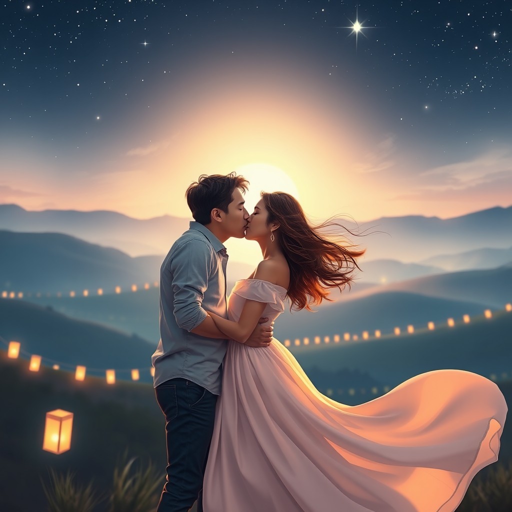 A romantic scene depicting a couple in an intimate embrace under a starlit sky