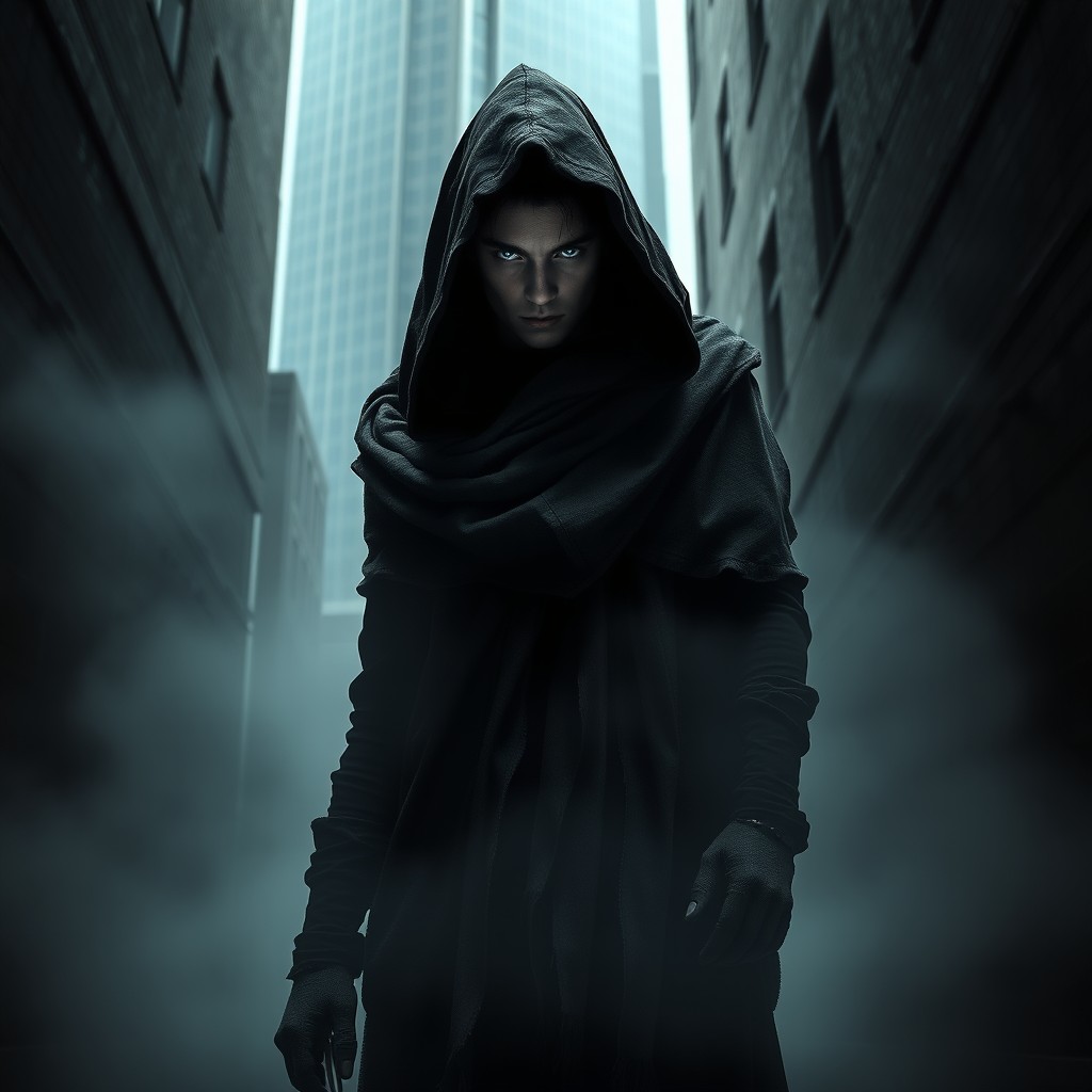 A mysterious figure stands in a dimly lit, fog-shrouded alleyway, wearing a tattered cloak that partially obscures their face
