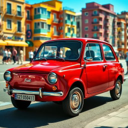 A vibrant red Fiat 126 with four doors, parked in an urban environment