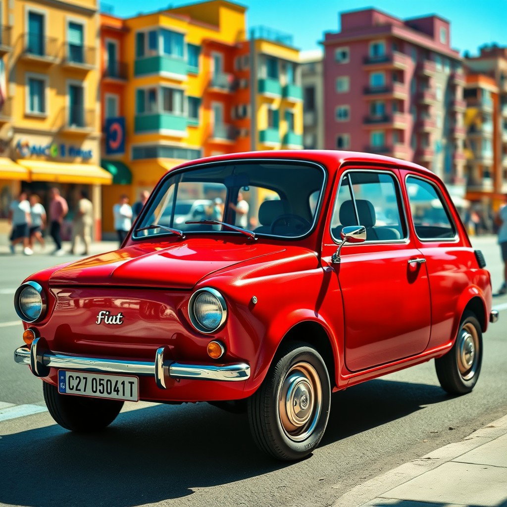 A vibrant red Fiat 126 with four doors, parked in an urban environment