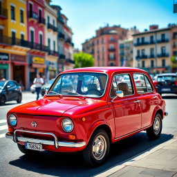 A vibrant red Fiat 126 with four doors, parked in an urban environment