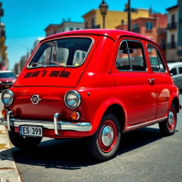 A vibrant red Fiat 126 with four doors, parked in an urban environment