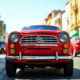 A vibrant red Fiat 126 with four doors, parked in an urban environment
