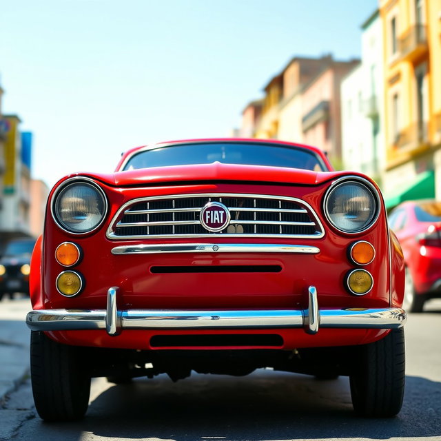 A vibrant red Fiat 126 with four doors, parked in an urban environment