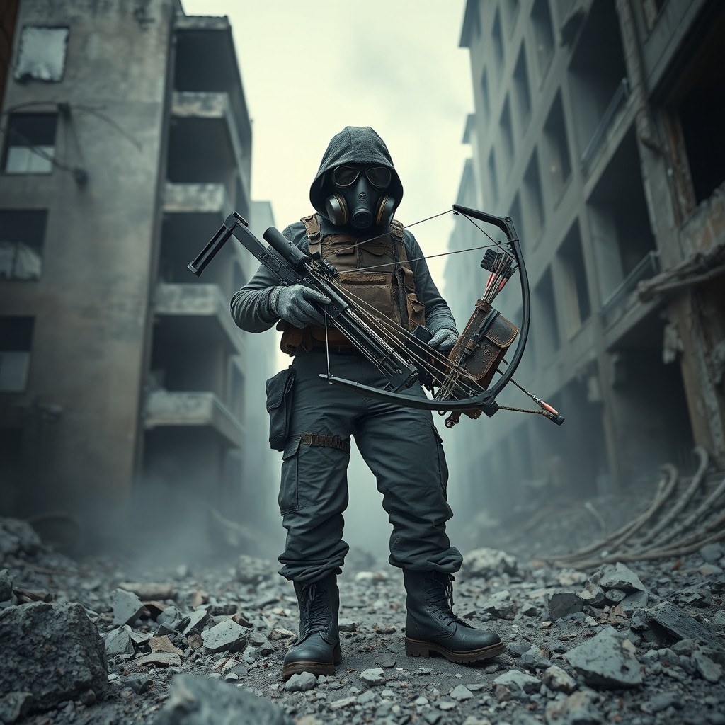 A solitary figure with post-apocalyptic survival gear stands amidst urban ruins, photographed from a low angle in cool, muted colors