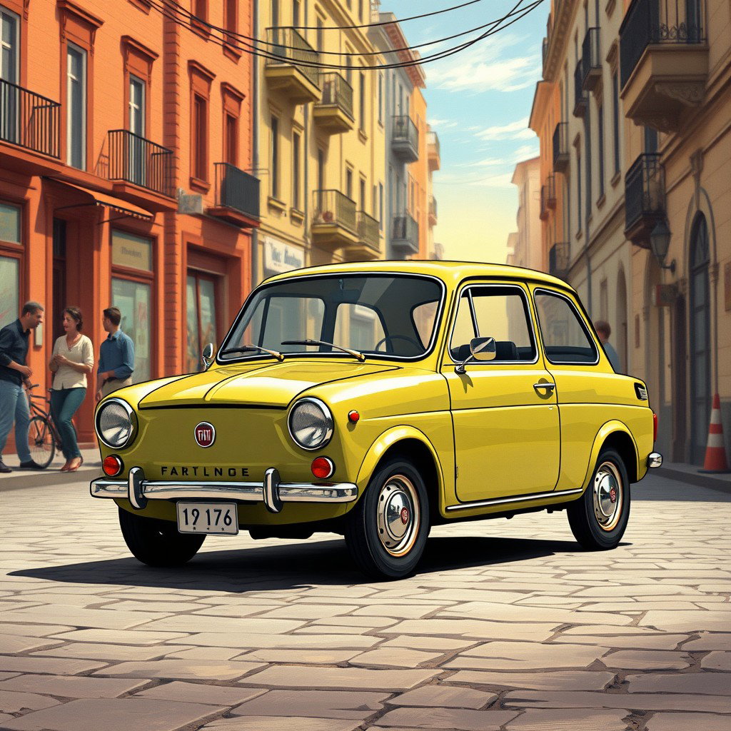 A detailed and nostalgic depiction of a Fiat 126 P, featuring its iconic compact design and charming aesthetic