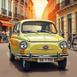 A detailed and nostalgic depiction of a Fiat 126 P, featuring its iconic compact design and charming aesthetic