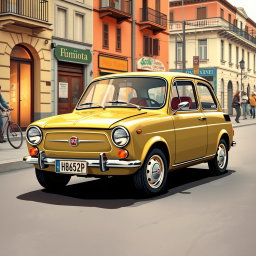 A detailed and nostalgic depiction of a Fiat 126 P, featuring its iconic compact design and charming aesthetic
