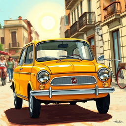 A detailed and nostalgic depiction of a Fiat 126 P, featuring its iconic compact design and charming aesthetic