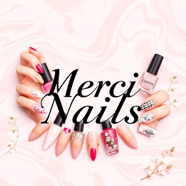 A stylish and elegant manicure poster featuring the brand name "Merci Nails" prominently displayed in a sophisticated font