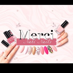 A stylish and elegant manicure poster featuring the brand name "Merci Nails" prominently displayed in a sophisticated font
