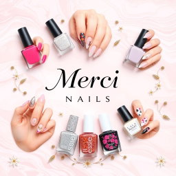 A stylish and elegant manicure poster featuring the brand name "Merci Nails" prominently displayed in a sophisticated font