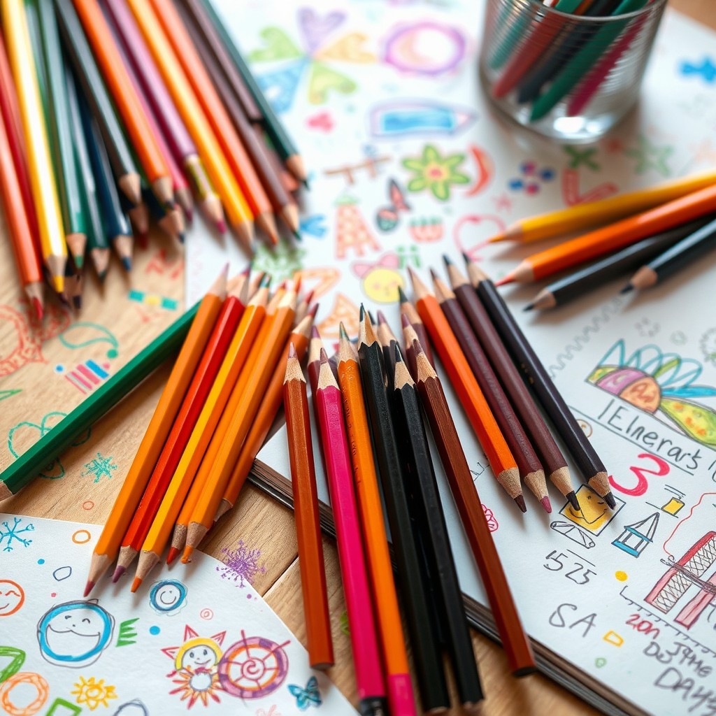 A vibrant and artistic scene featuring an array of coloring pencils arranged beautifully on a wooden table