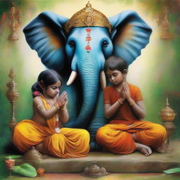 A young boy and girl, placed together in reverence, praying to Lord Ganesha. The elephant-headed deity is vibrant and elaborate, observing their innocent devotion in a peaceful, spiritual atmosphere.