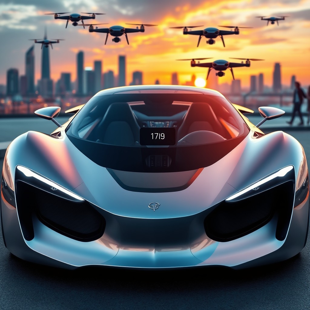 A luxurious and futuristic car design concept featuring a sleek, aerodynamic exterior with a striking silver color and bold LED headlights