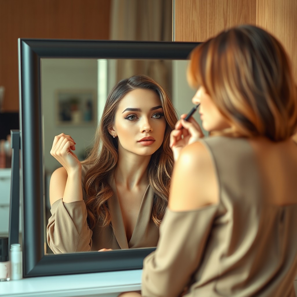 A beautiful woman sitting in front of a large square makeup mirror, applying black eyeliner