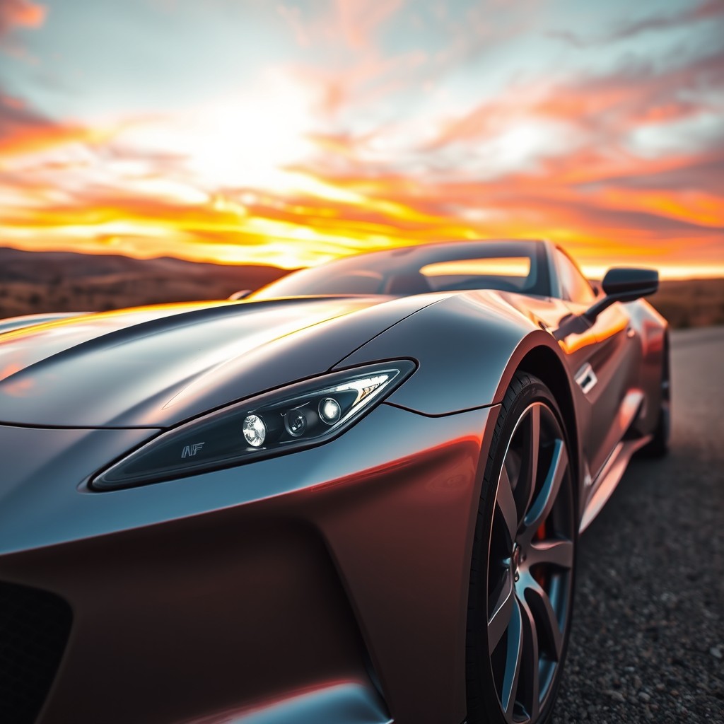 A close-up shot of a luxurious sports car parked under a vibrant sunset, showcasing its sleek lines and shining metallic paint