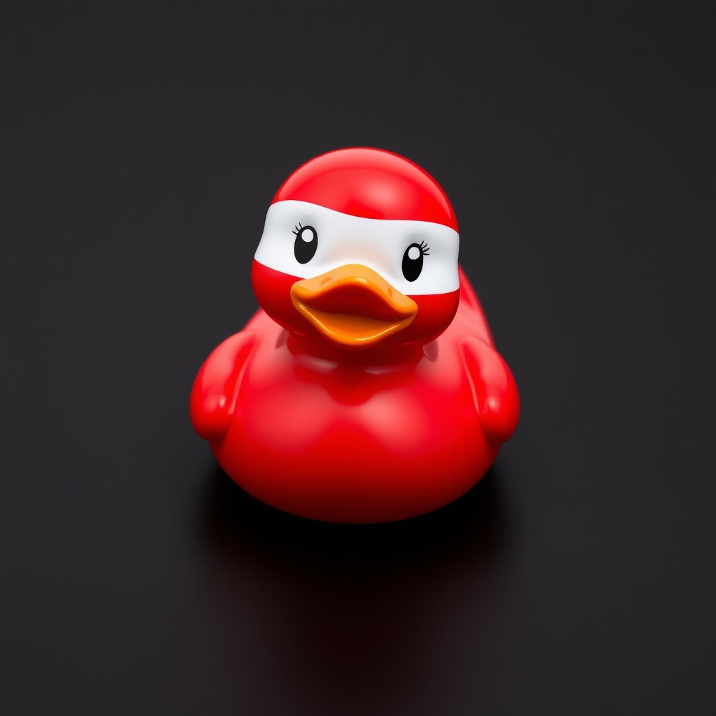 A vibrant rubber duck colored in the red and white of the Polish flag, set against a sleek black background