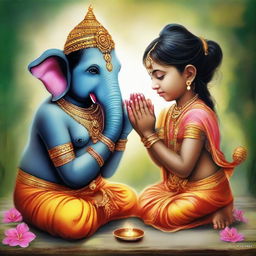 A young boy and girl, placed together in reverence, praying to Lord Ganesha. The elephant-headed deity is vibrant and elaborate, observing their innocent devotion in a peaceful, spiritual atmosphere.