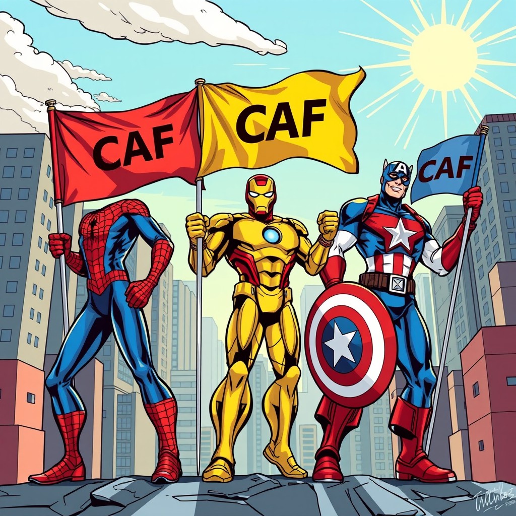 A vibrant Marvel-style illustration featuring iconic superheroes like Spider-Man, Iron Man, and Captain America, each holding or standing beside flags of the Coffee Association (CAF) in bold colors