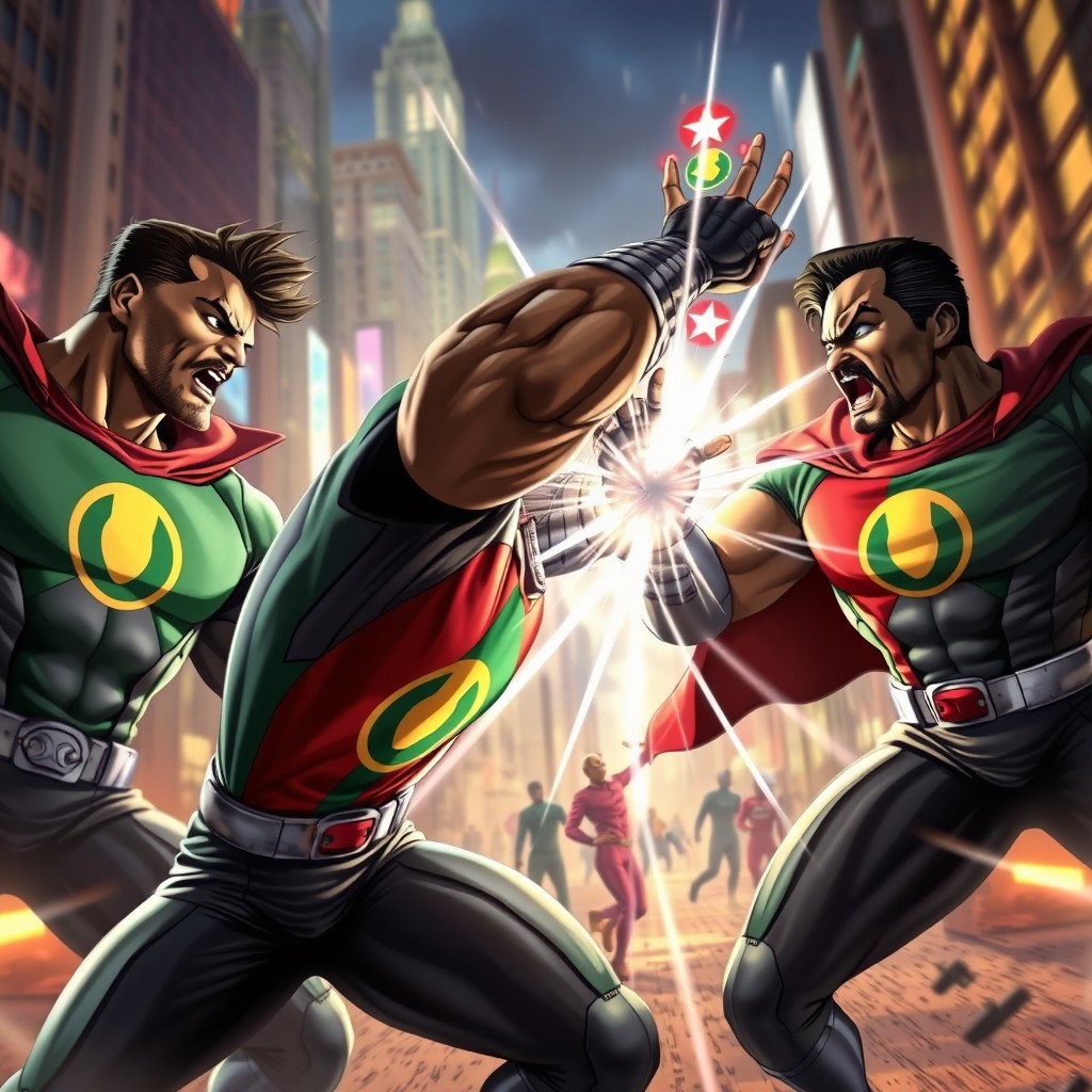 A dynamic scene featuring superhero characters in a Marvel style action sequence, showcasing intense expressions and heroic poses