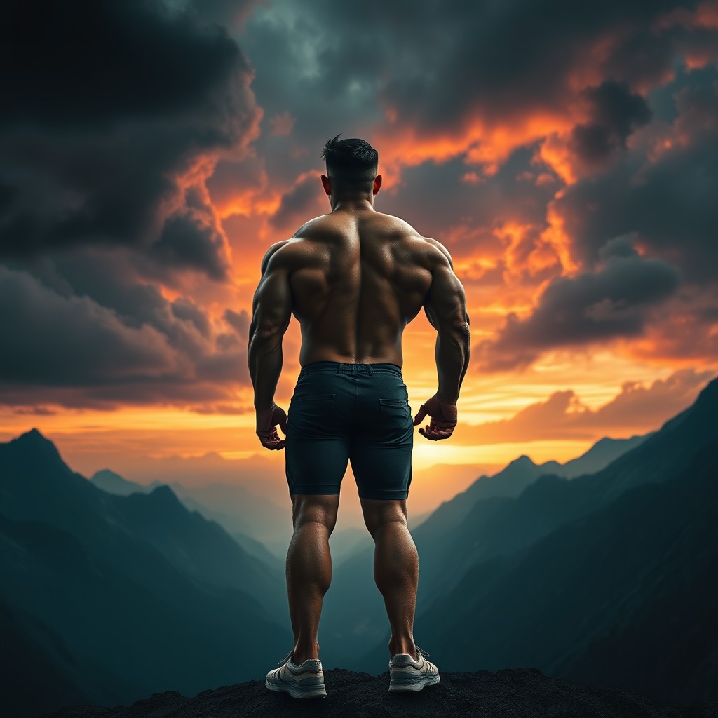 A powerful muscular man standing alone with his back turned, facing an infinite horizon