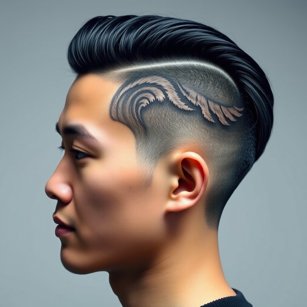 A 34-year-old Asian man with sleek black hair, featuring an ultra-short haircut on the sides