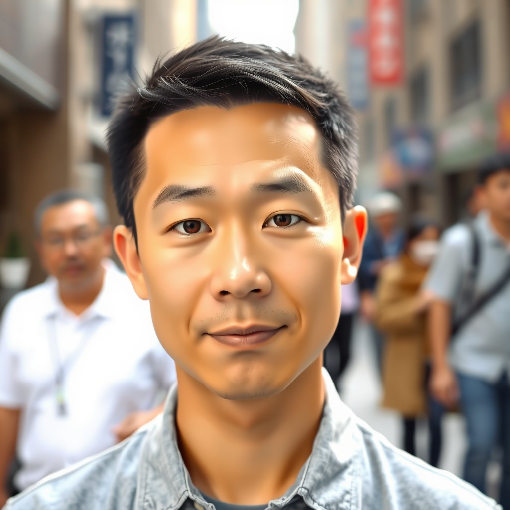 A stylized portrait of a Chinese man with Down syndrome, looking directly into the camera with a calm, natural expression